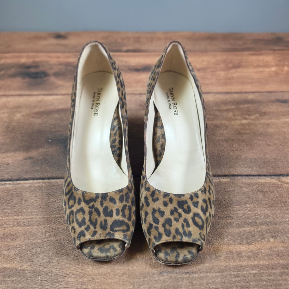 Taryn Rose Peep Toe Pumps Womens 40 Brown Good Leopard Print Block Heel Italy